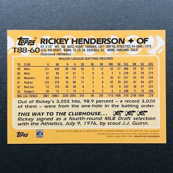 Rickey Henderson - 2023 Topps '88 Topps #T88-60 - Picture 2 of 2